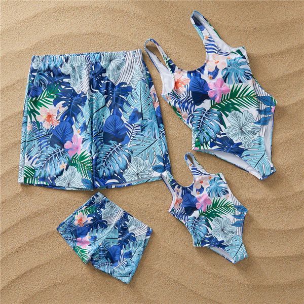 

family swimwear mother daughter matching floral swimsuits mom dad and me bath suits outfits look father son swimming trunks, Blue