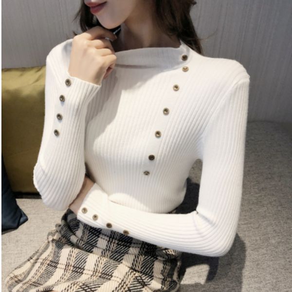 

new fashion button turtleneck sweater women spring autumn solid knitted pullover women slim soft jumper sweater female knit, White