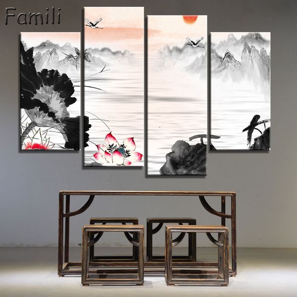 

4 panels chinese landscape canvas paintings canvas pictures vintage home decorative on the wall art for living room
