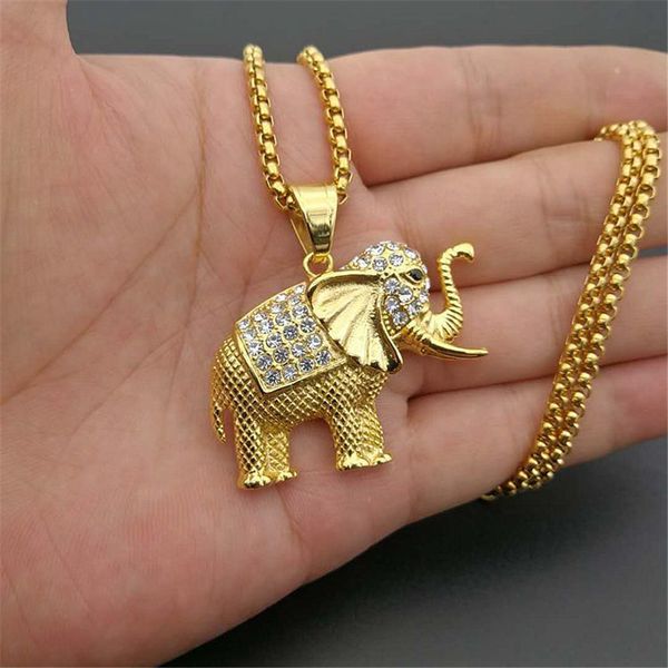 

iced out zircon elephant pendant animal necklace jewelry gold color stainless steel bling cz men's hip hop pendant for women, Silver