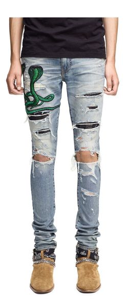 

embroidered cobra holes jeans slp miri slim motorcycle denim pants fashion designer hip hop mens jeans hq26, Blue