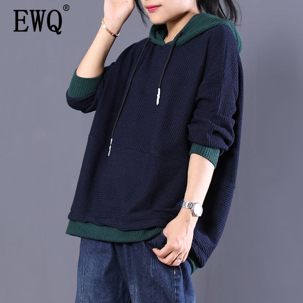 

ewq] 2019 autumn hooded collar long sleeve hit colors knitting vintage loose sweater women fashion tide ah40917xl, White;black
