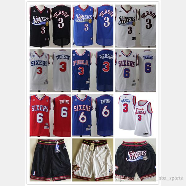 

mens philadelphia 76ers 3 allen iverson 6 julius erving basketball jersey basketball shorts red blue black white 04, Black;red