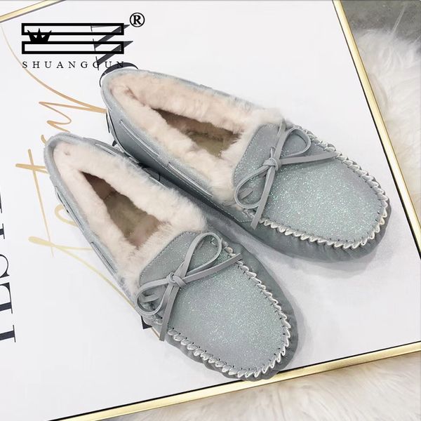 

shuanggun 100% wool sheepskin genuine leather loafers real fur winter classic flats for women's winter shoes, Black