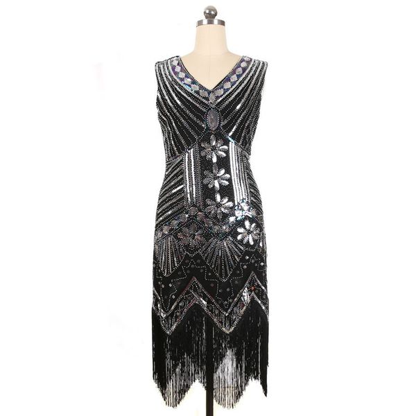 

new style selling quality sequin tassels weaving retro grade dress, Black;gray