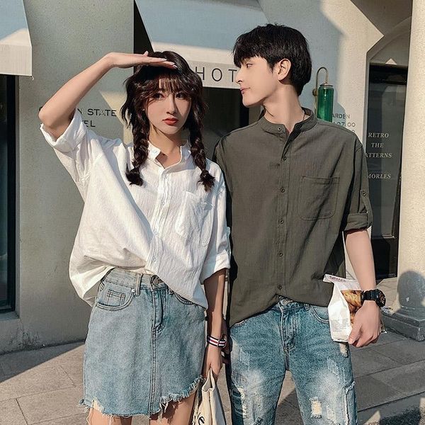 

blouse women japanese solid couples seven-point sleeve shirt summer casual boys girls college shirt blusas mujer de moda, White