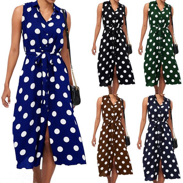 

2019 women dot printed summer dress sleeveless v-neck button down lace-up dresses evening party dresses fashion split sundress, Black;gray