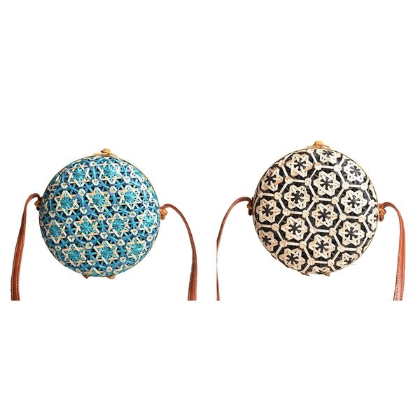 

2pcs нового раунд стро бич сумка круг rattan сумка сумка женщины красочного цветочный узор женщина плечо сообщения сумка - голубая