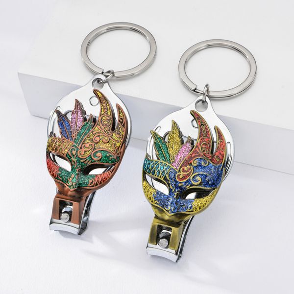 

creative cute beautiful mask keychain colorful party mini mask bottle opener nail scissors multi-function key ring for girl gift, Silver