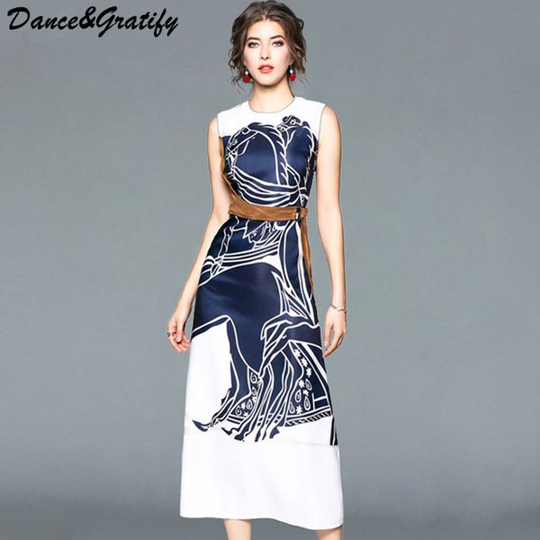 

новый 2018 летний стиль платье без рукавов мода тонкий o-образным вырезом партия работы повседневные платья женщины печати длинные макси ves, White;black