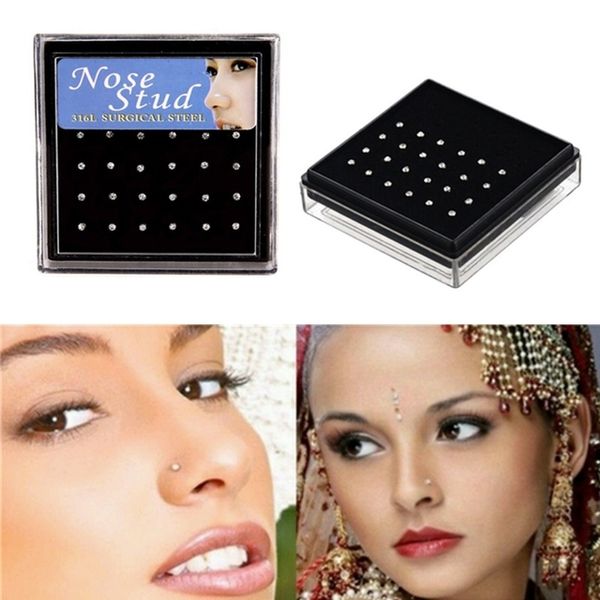 

24pcs/set crystal nose ring studs stainless surgical steel nose piercing colorful rhinestone fashion body women girl jewelry, Silver