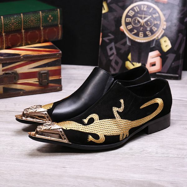 Formale italiano Nuovo ricamo d'oro Designer Designer Designer Black Real Leather Party Brogue Shoes Plus size