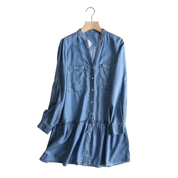 

lq9030 new arrival v neck double pockets patchwork casual jeans dress women's basic soft tencel denim vestido, White