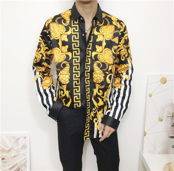 

2019 new new spring and autumn medusa cotton shirt men's retro color printing casual harajuku luxury men's dress shirt, White;black