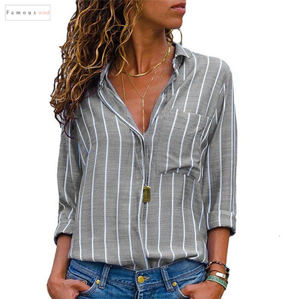 

up fashion blouse long sleeve loose v neck casual striped button womens shirt plus size office work ol blouse, White