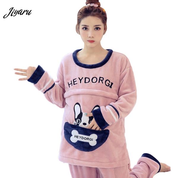 

2pcs/ set maternity loungewear pregnant nursing pajamas maternity sleepwear cartoon breastfeeding clothes for pregnant women, White