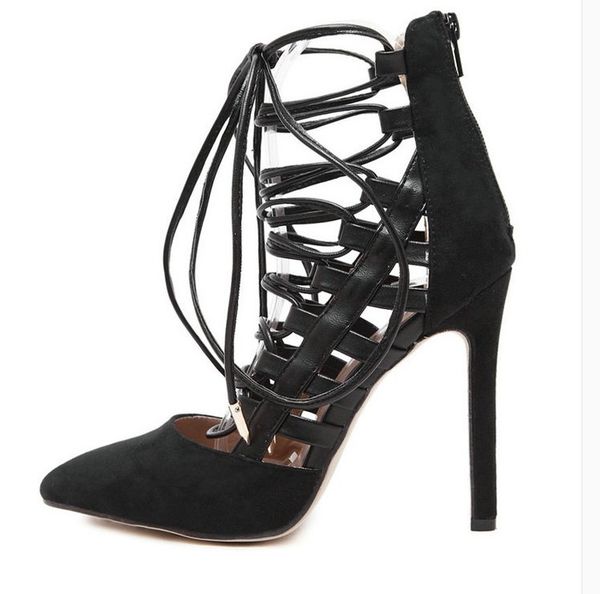 

2019 ladies sheepskin pillage point toes lace-up wedding shoes 11.5cm super high heels hollow out sandals boots black 35-42 01
