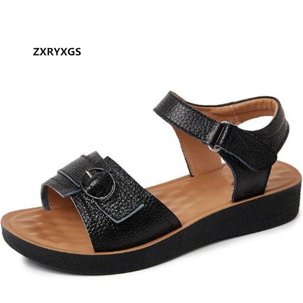 

2020 new summer genuine leather mother sandals flat non-slip comfortable shoes casual sandals womens large size, Black