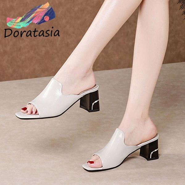 

doratasia new ladies concise genuine leather mules daily casual high heels mules women summer elegant peep toe shoes woman, Black