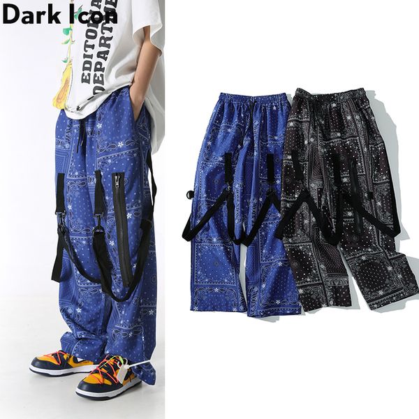 

dark icon bandana straight pants with ribbon 2020 new fashion street pants men women 2 colors, Black