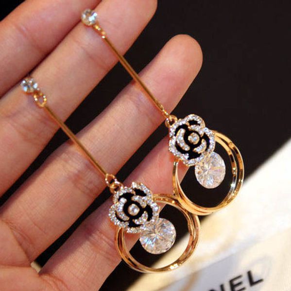 

mimiyagu flower shining cubic flower crystal drop tassel earrings for women wedding party jewelry, Golden