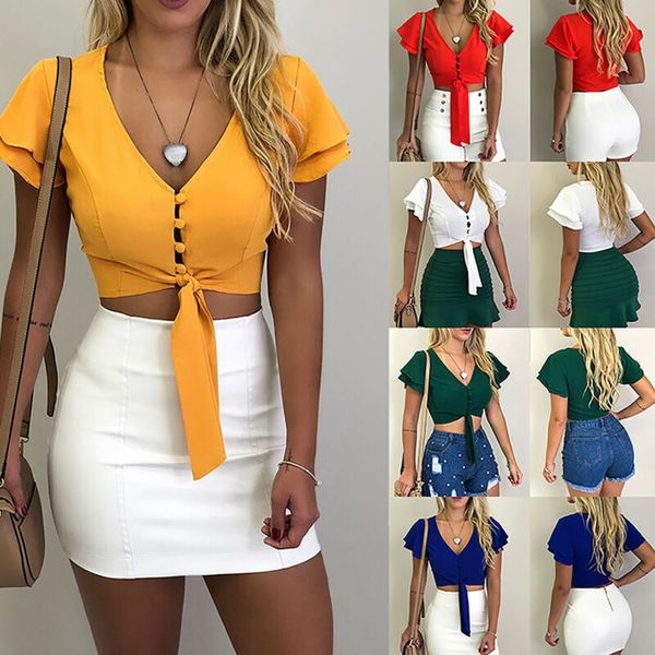 

Women Summer Shirt Knotted Tie Front Cami Tops Cropped T Shirt V-Neck Blouse Tee