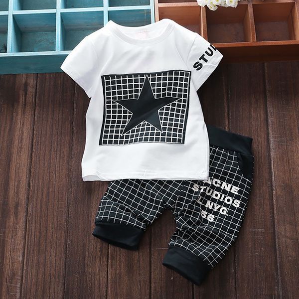 

2pcs kids clothes boy short-sleeved t-shirt shorts sports suit infant kid boys girl star print plaid +pants outfits set, White