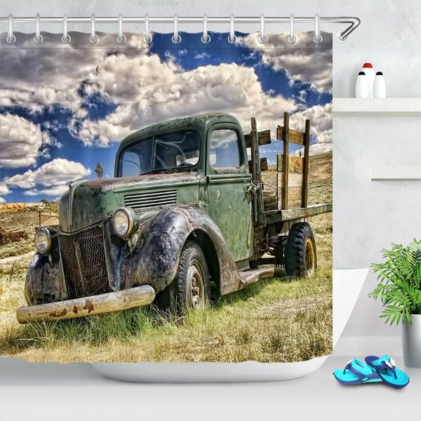 

green retro truck grass clouds sky shower curtain set bathroom decor