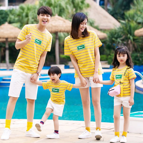 

2020 father mother children clothes mommy and me shirts striped clothes father son shorts pants mom mum daughter dresses, Blue