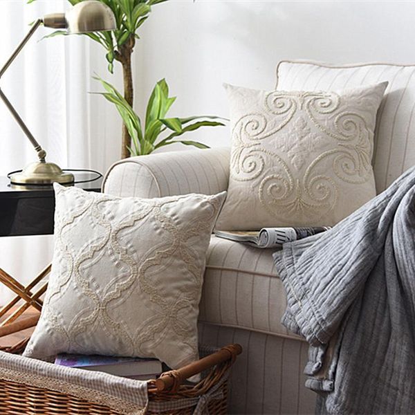 

pillow case beige rope thread embroidery cushion cover home decoration linen cotton boho style ethnic pillow cover 45x45cm pillow y200104