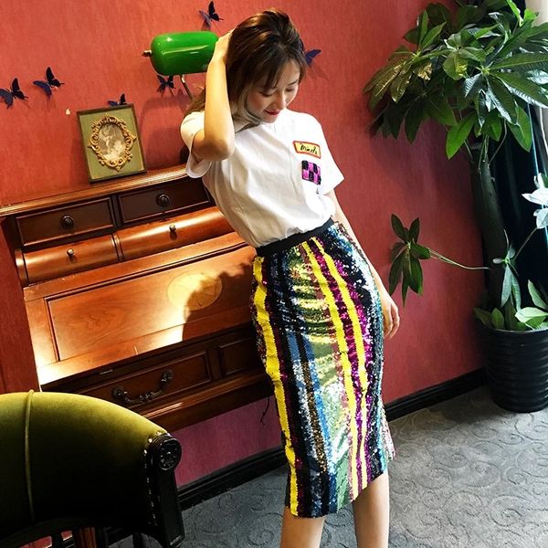 

sparkling ladies side slit striped sequin skirt faldas elastic waist midi pencil skirt party festival colorblock, Black
