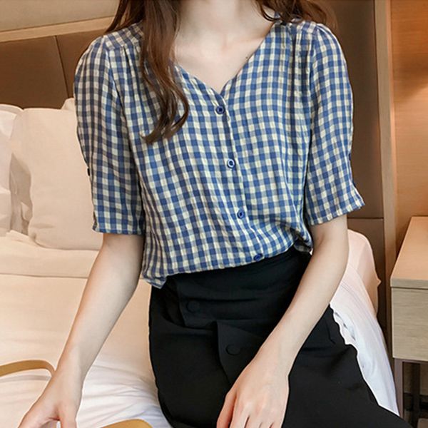 

2019 women sweet plaid shirt casual retro short sleeve shirts summer fashion blouse vintage v neck blusas plus size 4xl, White