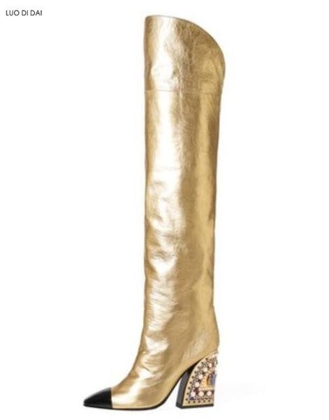 

2019 new ladies thigh high boots chunky heel boots women vintage diamond booties gold booties party shoes women over knee, Black