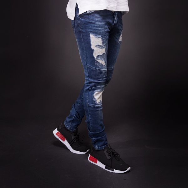 

new mens cool designer brand pencil jeans skinny ripped destroyed stretch slim fit hop hop pants with holes for men nk54, Blue