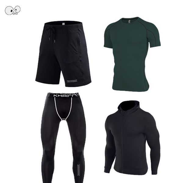 

quick drying 4 pcs men's jogging running set gym fitness training elastic tights clothing hooded sportswear workout sports suit, Black;blue