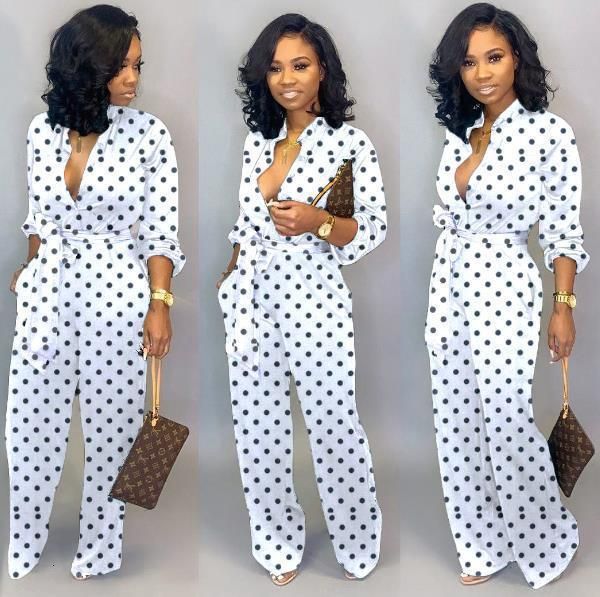 

button up self belted pockets jumpsuit for women 2019 3xl plus size dot black white rompers womens jumpsuit casual loose romper t200107