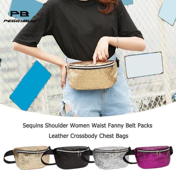 

sequins shoulder women waist fanny belt packs leather crossbody chest bags for teenager girls glitter waist pack shoulder bag