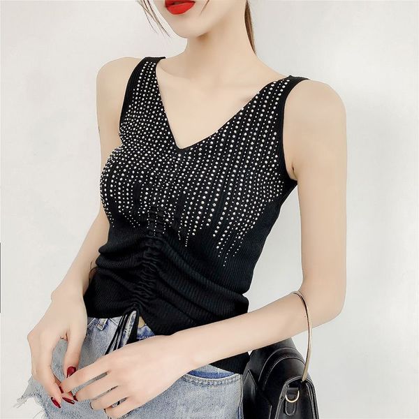 

2019 camiso women summer casual versatile slim v-neck sparkling ice silk knit sequined bottoming camisole, White
