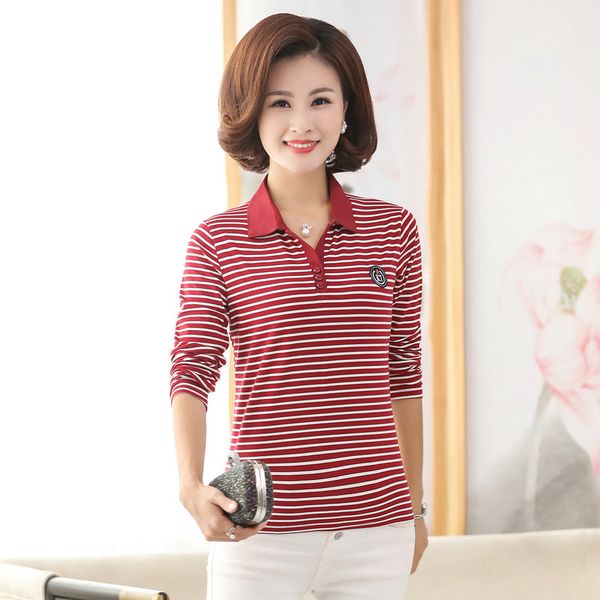 

spring woman classical cross striped shirt turn down collar long sleeve cotton women casual tees red navy blue orange, White