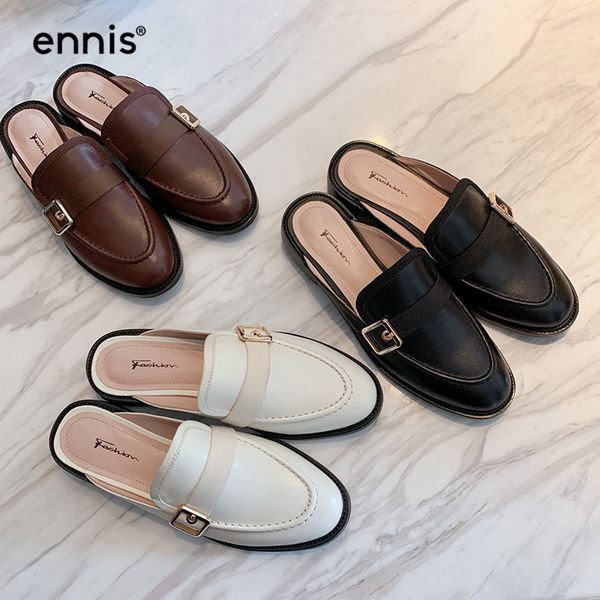 

ennis flat slippers women genuine leather mules round toe female slippers shoes spring summer fashion new m0012, Black