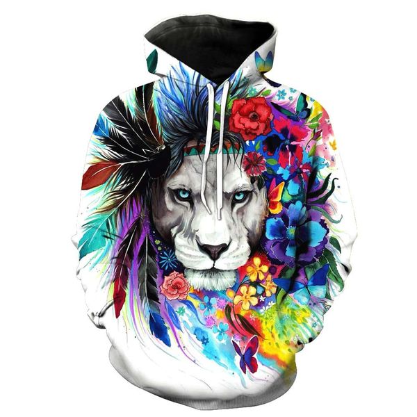 

coloured lion printed hat pocket cover men's tide hat men's garments sweatshirts printing blouse hoodies, Black
