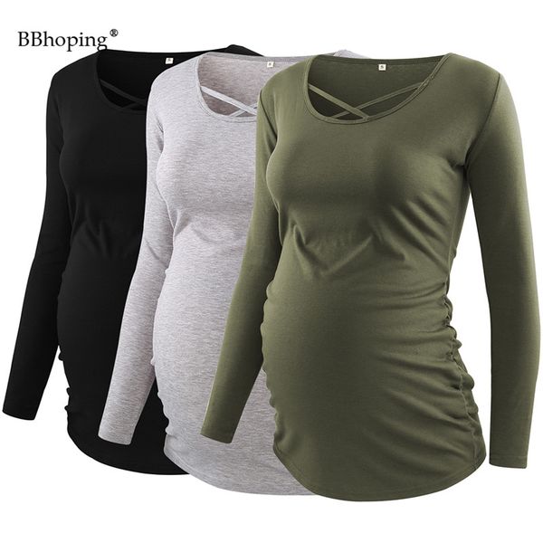 

pack of 3pcs maternity womens long sleeve pregnancy t-shirt criss cross casual blouse side ruching pregnancy t-shirt, White