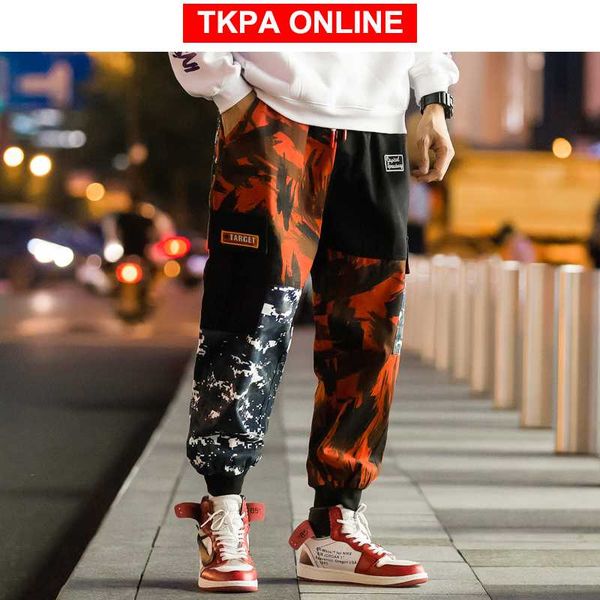 

men color block cargo pants 2020 streetwear hip hop harem pant ankel length camo pants patchwork sweatpants camouflage, Black