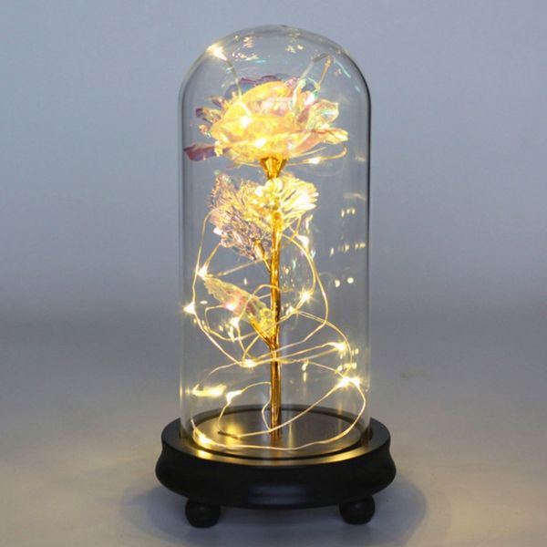 

led lights glow valentine's day artificial gold foil rose wooden base wedding decoration flower valentine's day gift new