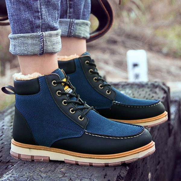 

plus velvet winter men lace-up outdoor sport shoes keep male short booties suede warm mountaineering snow boots botas hombre, Black