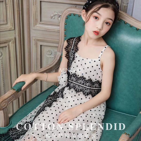 

2019 summer new children's dress girl girls polka dot lace dress summer thin, Red;yellow
