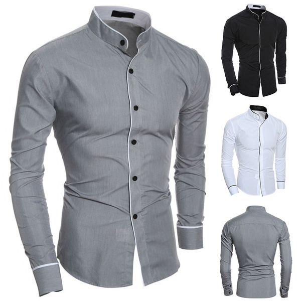 

men long sleeves shirt slim fit stand collar simple casual for spring js25, White;black