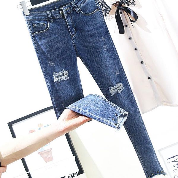 

2019 new skinny pencil jeans female hole blue pants cotton ripped ankle length blue women jeans trousers pants plus size