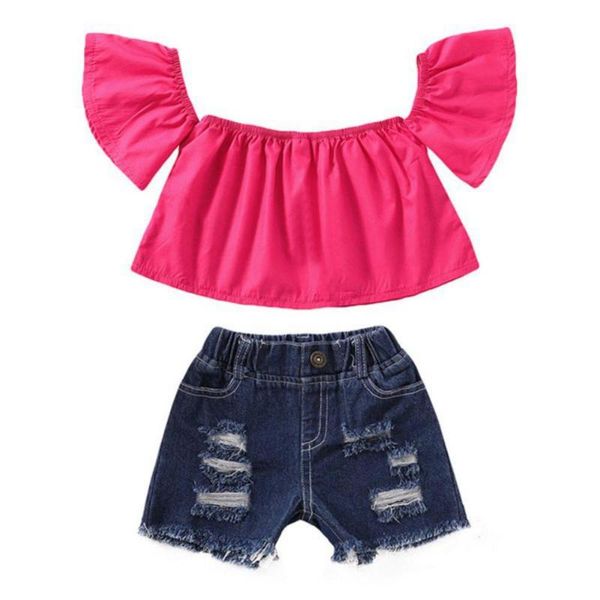 

summer casual outfits set baby girl solid color flare sleeve short t-shirt+hole denim shorts, White