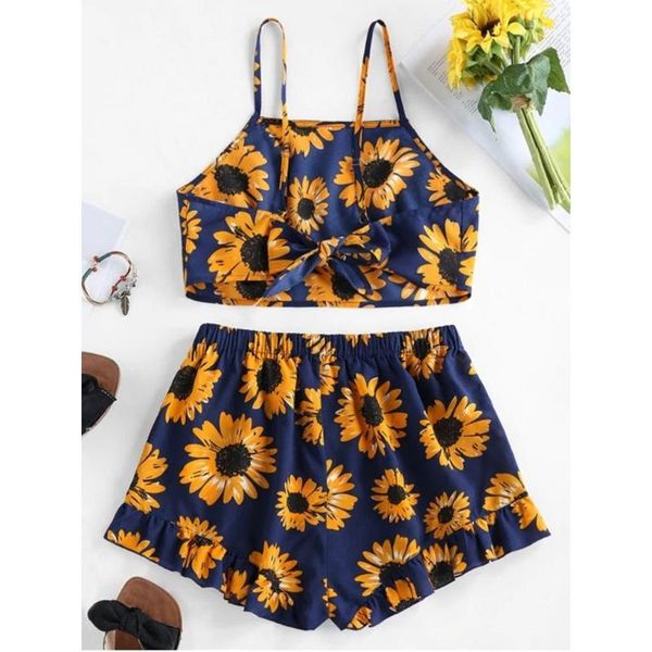 

short two piece set strappy sunflowers print crop and shorts fashion loose sets summer clothes for women suit jg3, White
